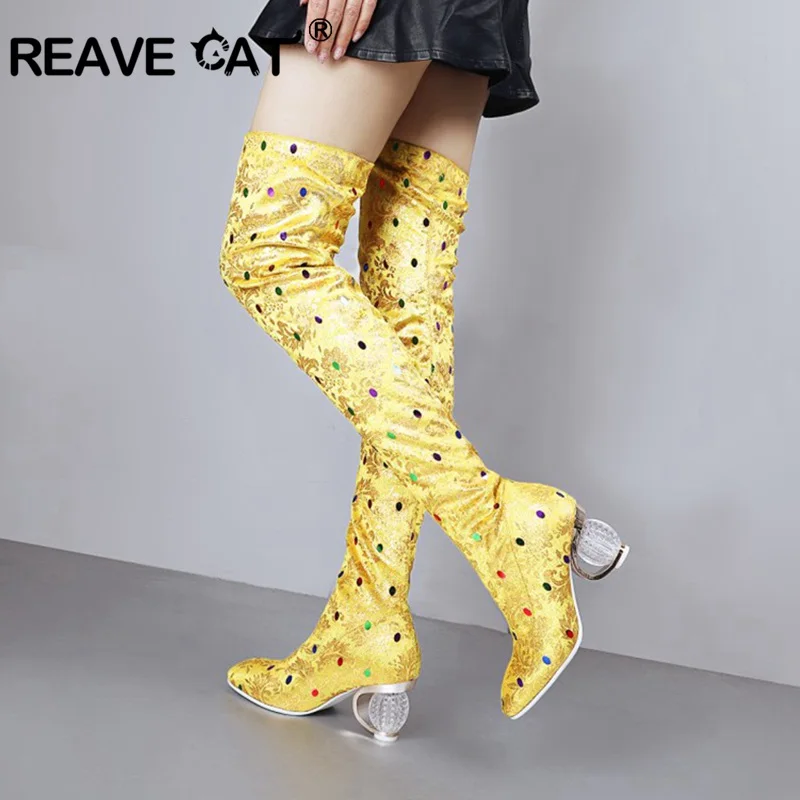 

REAVE CAT Sexy Stretched Fabric Over The Knee Boots Woman Slim High heels long Boots Lady shoes Autumn winter big Size 43 44