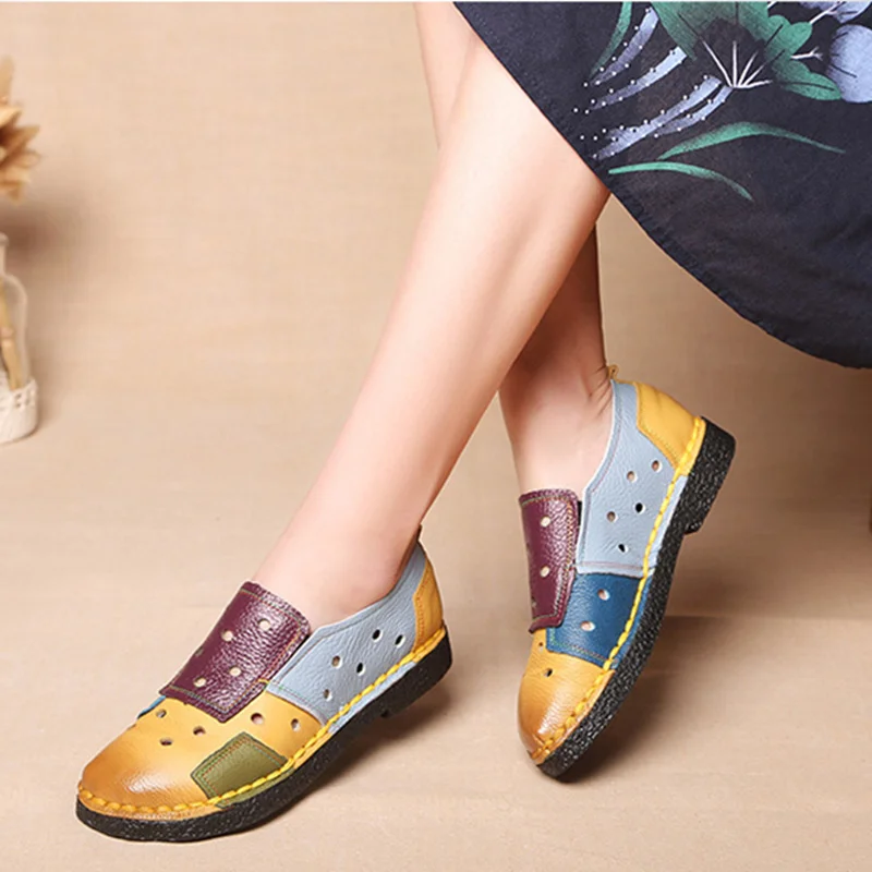 

AARDIMI 2018 Patchwork Women Flats Shoes Genuine Leather Casual Shoes Woman Handmade Cut-Outs Soft Sole Flat Tenis Feminino