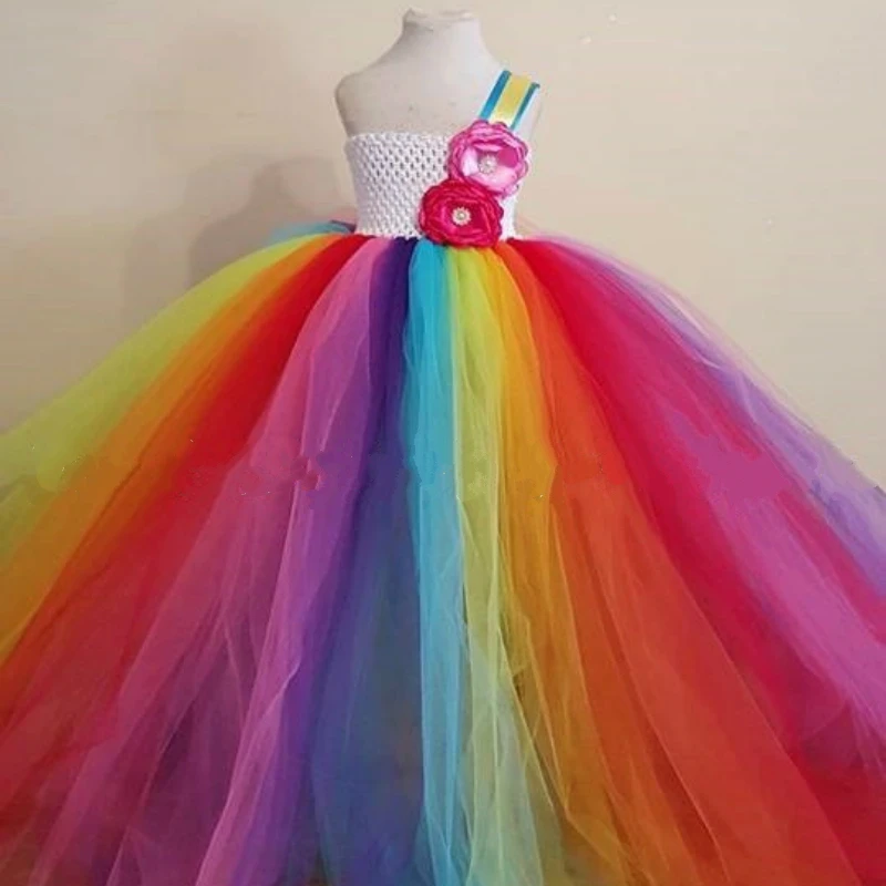 

Rainbow Birthday Tutu Dress Flower Colorful Baby Girl Birthday Clothing Fluffy Kids Rainbow Tutu Outfit Rainbow Ball Gown Dress