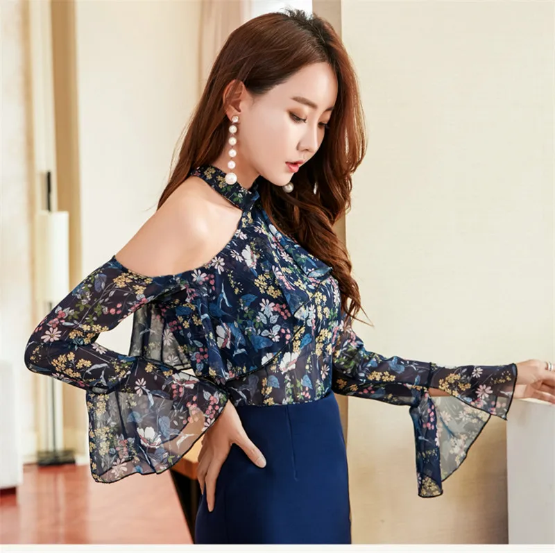 Блузка с длинными рукавами вечернее женственная блузка с оборкой Женские Топы S-XL летние цветочные рубашки вырезать блузки M18042402 - Цвет: Floral