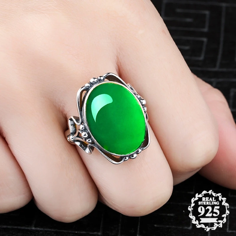 

12*16mm NOT FAKE S925 Sterling Silver Asia Emerald Rings Jade moldevite Chinatown Colombia Retro Gemstone