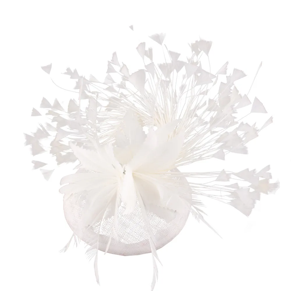 Новая мода Белый sinamay Свадебные шляпы украшения для волос вечерние шляпки необычные перья красивые fedora держатели головных уборов гонки