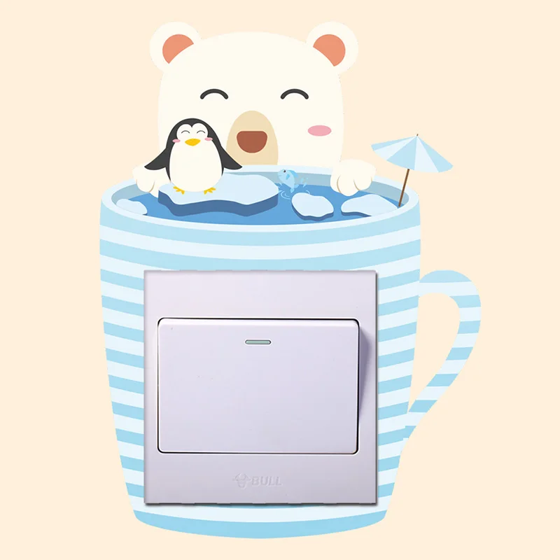 Cartoon Monkey Cat Polar Bear Penguin Cactus Switch Panel Stickers For Home Decor Living Room PVC Animal Mural Wall Art Decals