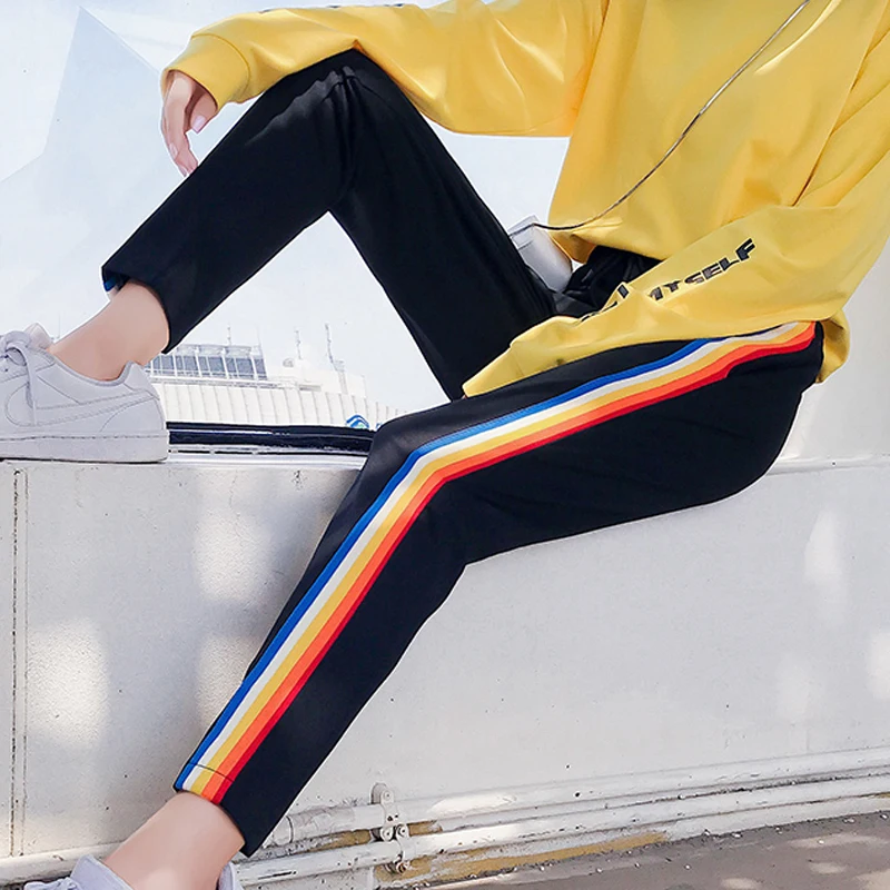 

Women's Patchwork Rainbow stripes Jogger Pants loose Trousers Elasticity Sweatpants Women Casual Streetwear student Harem pants