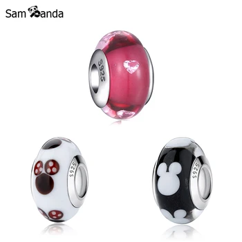 

Authentic 925 Sterling Silver Bead Lovely Cartoon Red Black Mouse Heart Murano Glass Charms Fit Pandora Bracelets DIY Jewelry