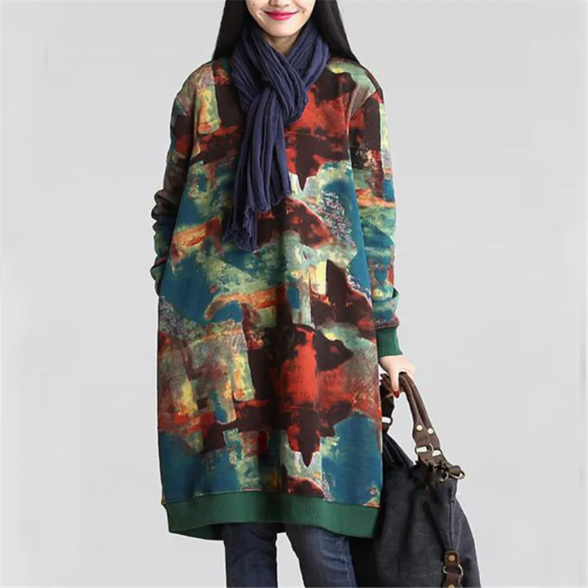 

New Women Cotton Linen Dress Spring Autumn Loose Print Hoodies Dresses Lady Long Sleeve Sweatshirt Dress Vestidos Plus size A731