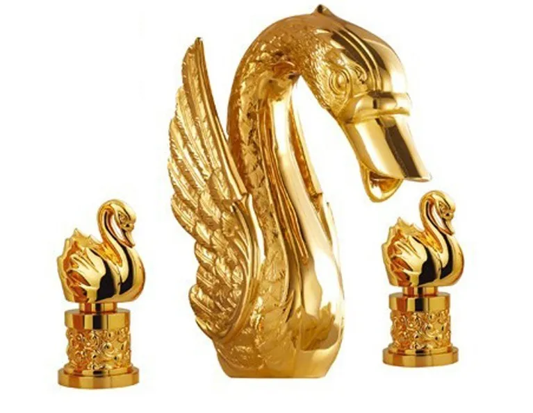 

Free ship gold finish 3 Pcs lUXURY lavatory SWAN sink faucet with little swan handles NEW
