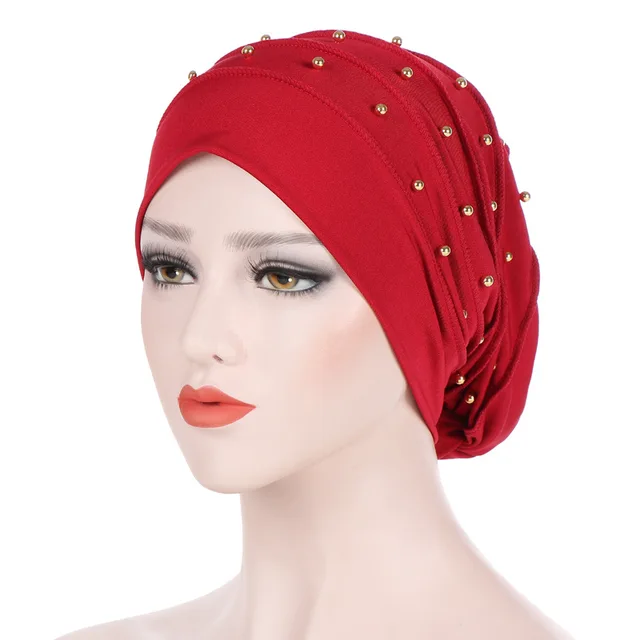 Muslim Women Stretch Cotton Ruffle Bead Turban Hat chemotherapy Chemo Beanies Caps Headwrap Hair Loss For Cancer Accessories Red
