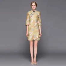 Винтажное китайское стильное платье с воротником-стойкой и рукавом три четверти, Красная стрекоза, с принтом, древнее блюдо, элегантное платье Чонсам выше колена для женщин