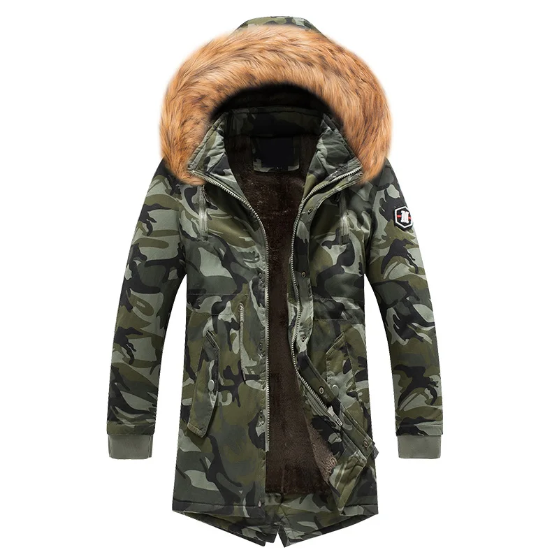 Модная зимняя мужская куртка с меховым воротником, толстые теплые парки, мужские пальто с капюшоном, камуфляжные военные бархатные длинные тренчи, мужские пуховики
