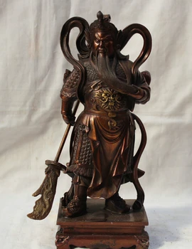 

song voge gem S1650 10" Chinese Fengshui Bronze Dragon Guan Gong Guan Yu Warrior God & Sword Statue