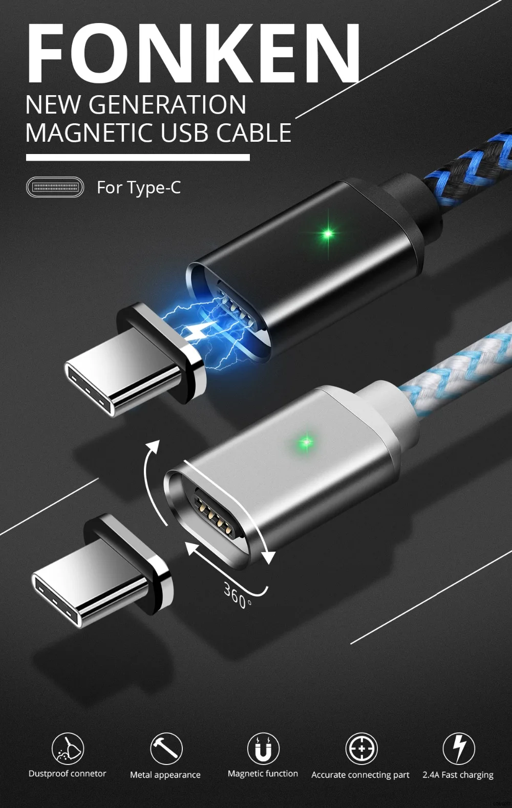 Магнитный кабель FONKEN usb type C для быстрой зарядки, магнитный кабель type-C для зарядки мобильных телефонов Android, нейлоновый шнур для синхронизации данных