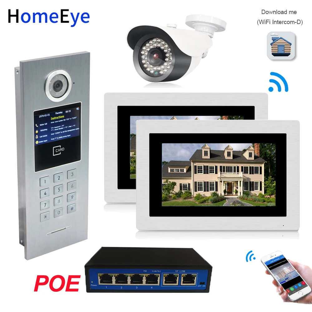 7inch WiFi IP Video Door Phone Video Door Bell Home Access Control System Password/RFID Card + POE Switch+IP Camera iOS Android