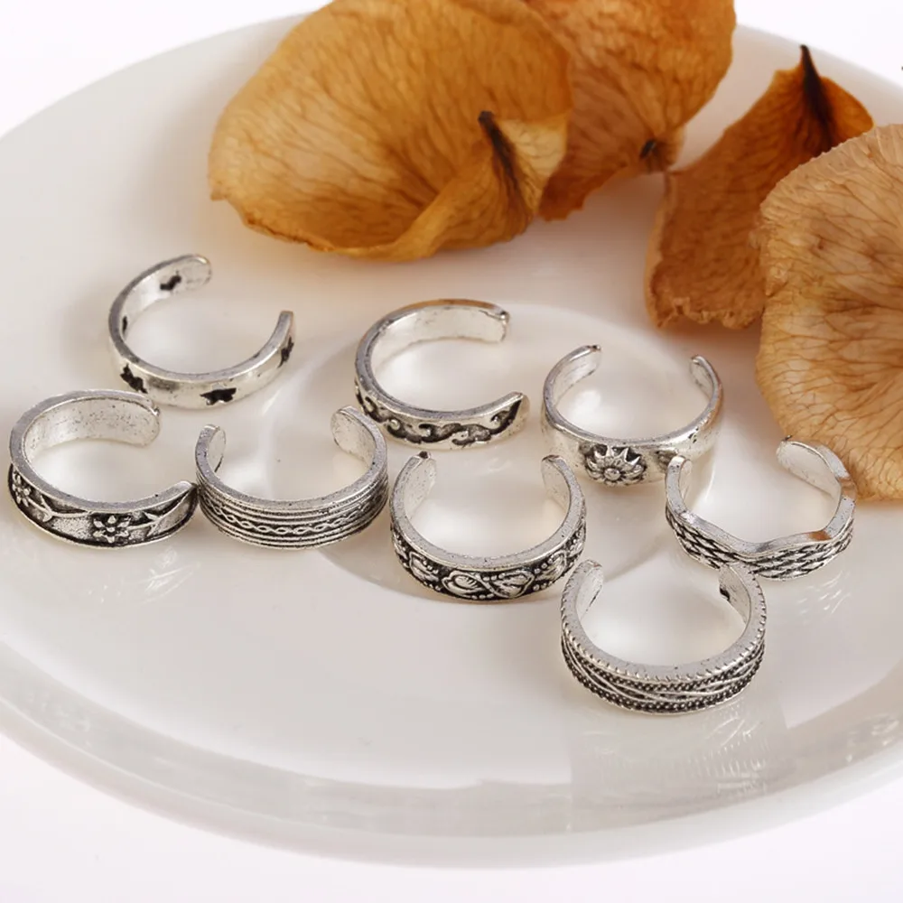 

8Pcs/Set Toe Ring Foot Set Adjustable Rings Retro Boho Flowers Carved Toe Ornament Opening Finger Vintage Beach Jewelry Fashion
