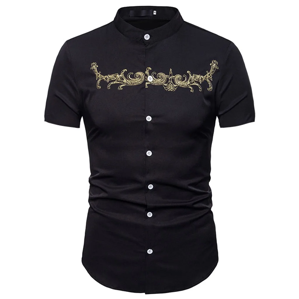 Модная мужская рубашка Лето принт короткий рукав Базовая Блузка Топ хипстер Slim Fit рубашки на пуговицах топы с вышивкой 4,29