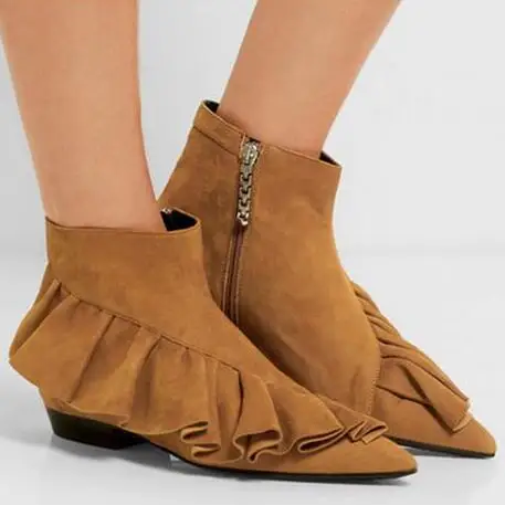 

Autumn Winter Women Ruffles Fashion Boots Pointed Toe Flats Suede Shoes Side Zip Top Quality Boots Zapatos Mujer
