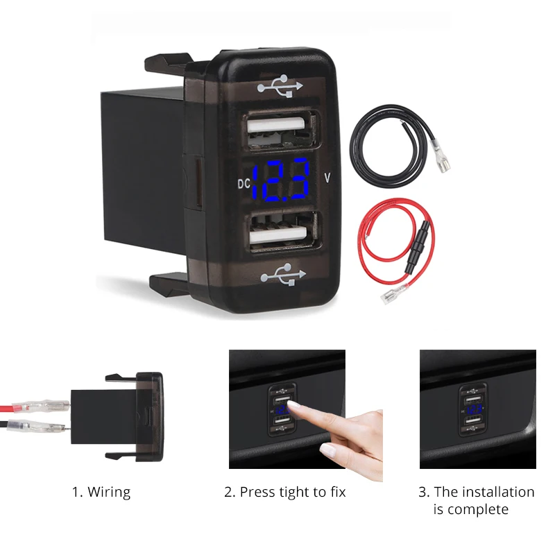 

WATERWICH 5V 2.1A Dual USB Car Charger For phone 12V LED Voltmeter Display Green Red Blue Power Adapter For Toyota 40 x 20mm