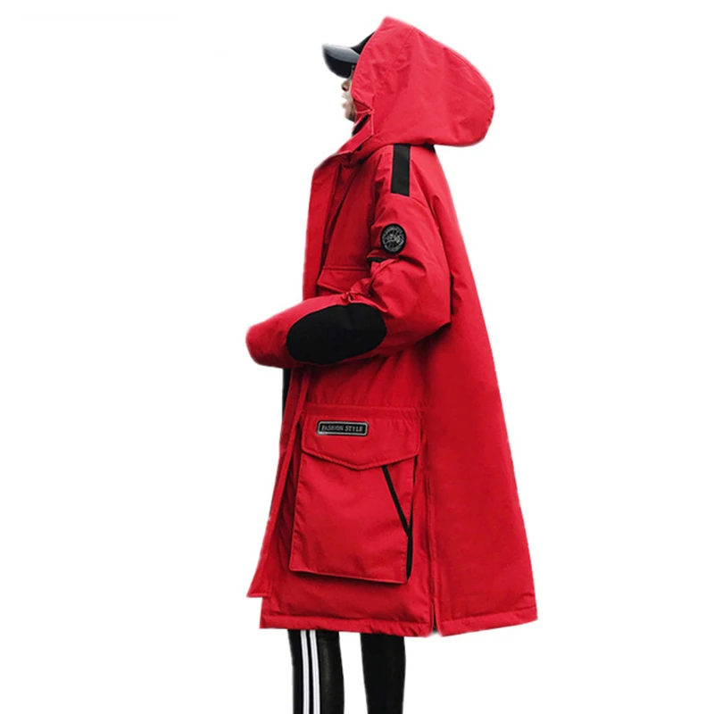 

Ladies Winter Red Parkas Women Hooded Long Sleeve Wadded Cotton Coat Fashion Badge Patch Desighs Plus Size Loose Jackets Z269