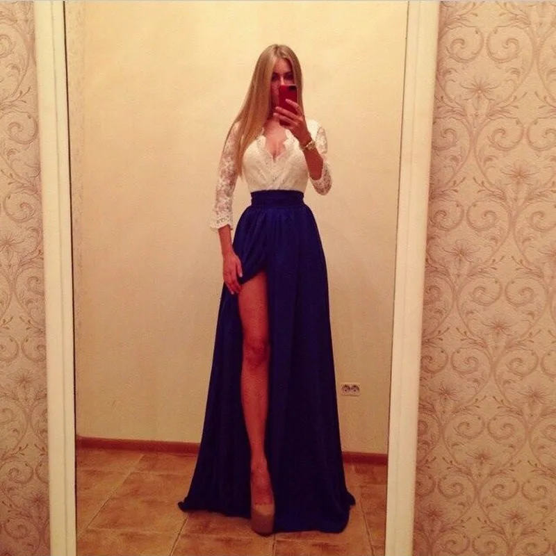

Long Sleeve Lace Evening Dresses Cheap A-line Royal Blue Short Sleeve Leg Slit Sexy Wedding Guest Dresses for Women