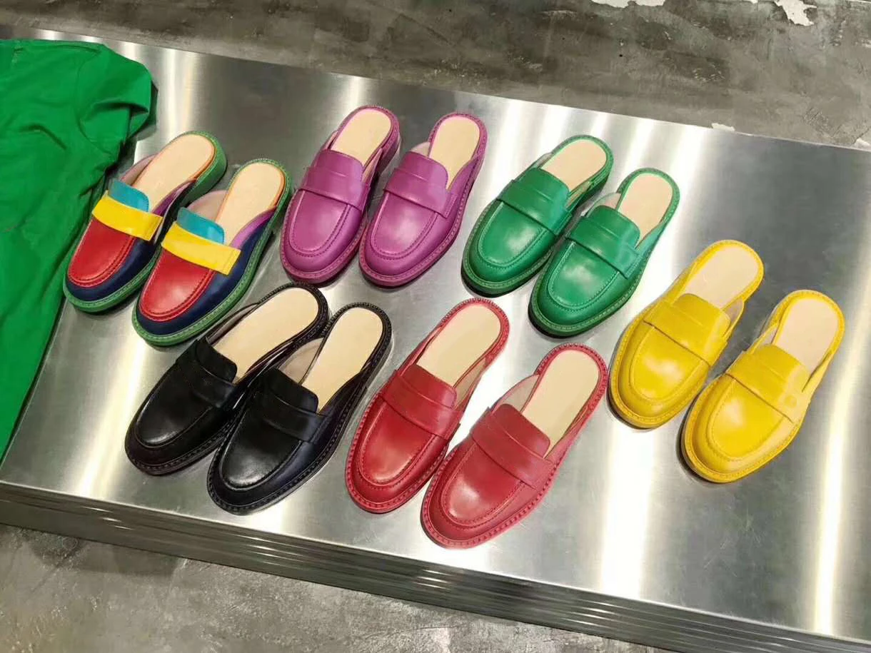 

2019 New Elegant Womens Leather Flat Mules Slip On With Low Heel Slide Sandals Summer Loafer Shoes