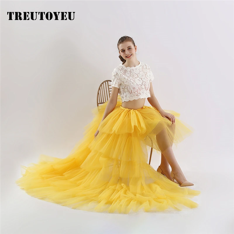 

2019 Summer Bohemian tulle skirt with a Train Long Pleated skirts womens Streetwear Fashion Show spodnica jupe faldas rok