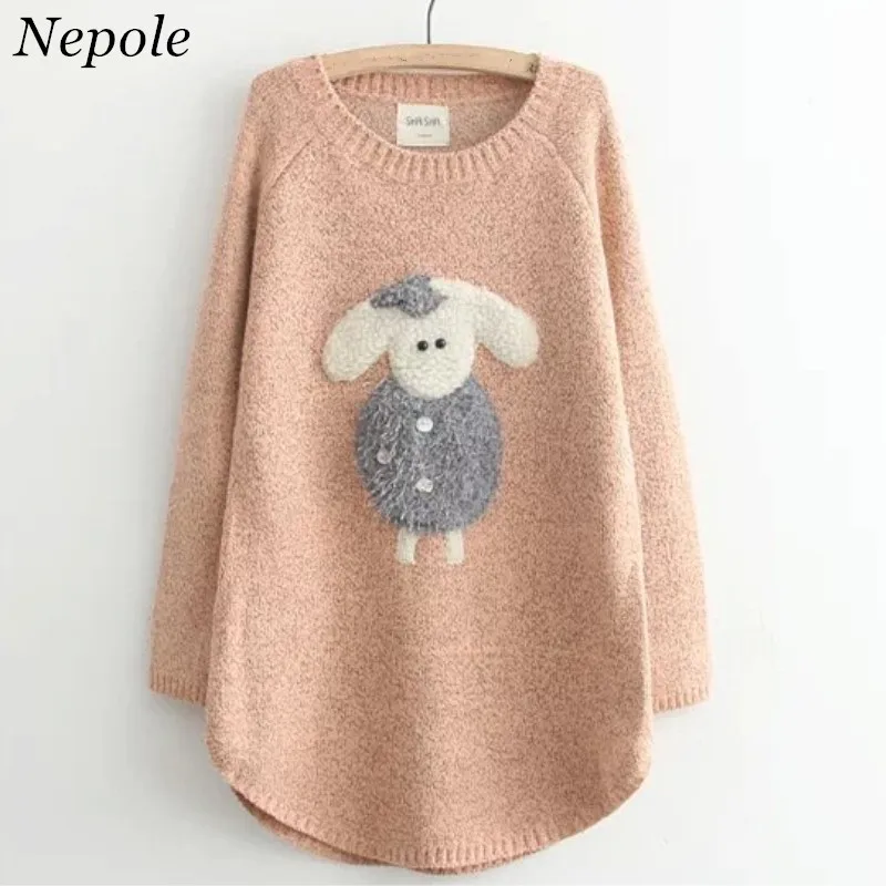 

Neploe Cartoon Animal 3D Appliques Sweet Girl Pullover Solid Knitted Preppy Style Women Sweater 2019 Auttum Sueter Mujer 68821