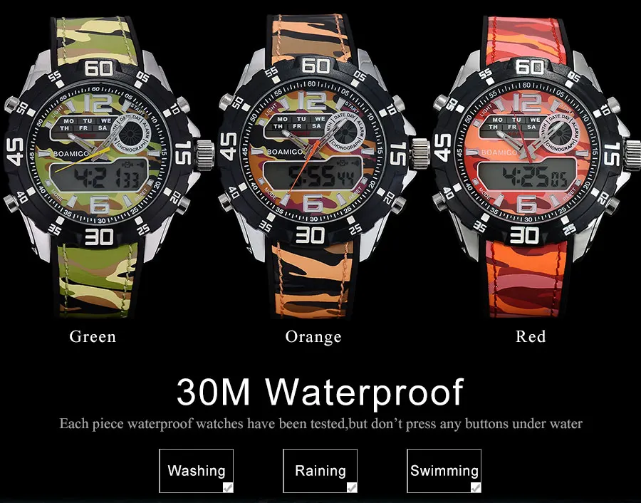 BOAMIGO Brand Men Watches Multiple Time Zone Sport Watch Rubber Band Gray Digital Analog LED Wristwatch Waterproof Reloj Hombre (18)