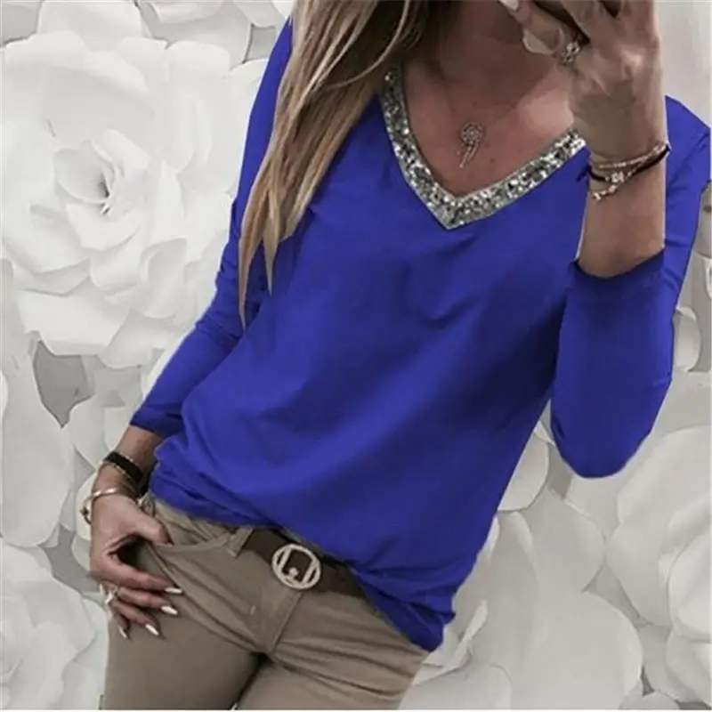 Женская офисная блуза, Сексуальная футболка с v-образным вырезом и блестками, женские облегающие Топы с длинным рукавом, Базовая футболка размера плюс S-5xl SJ1709X - Цвет: dark blue