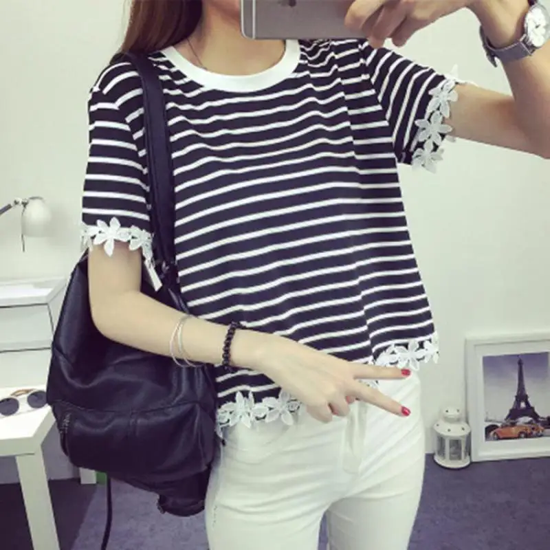 Iricheraf футболка в полоску Для женщин О образным вырезом короткий рукав Повседневное Корейская