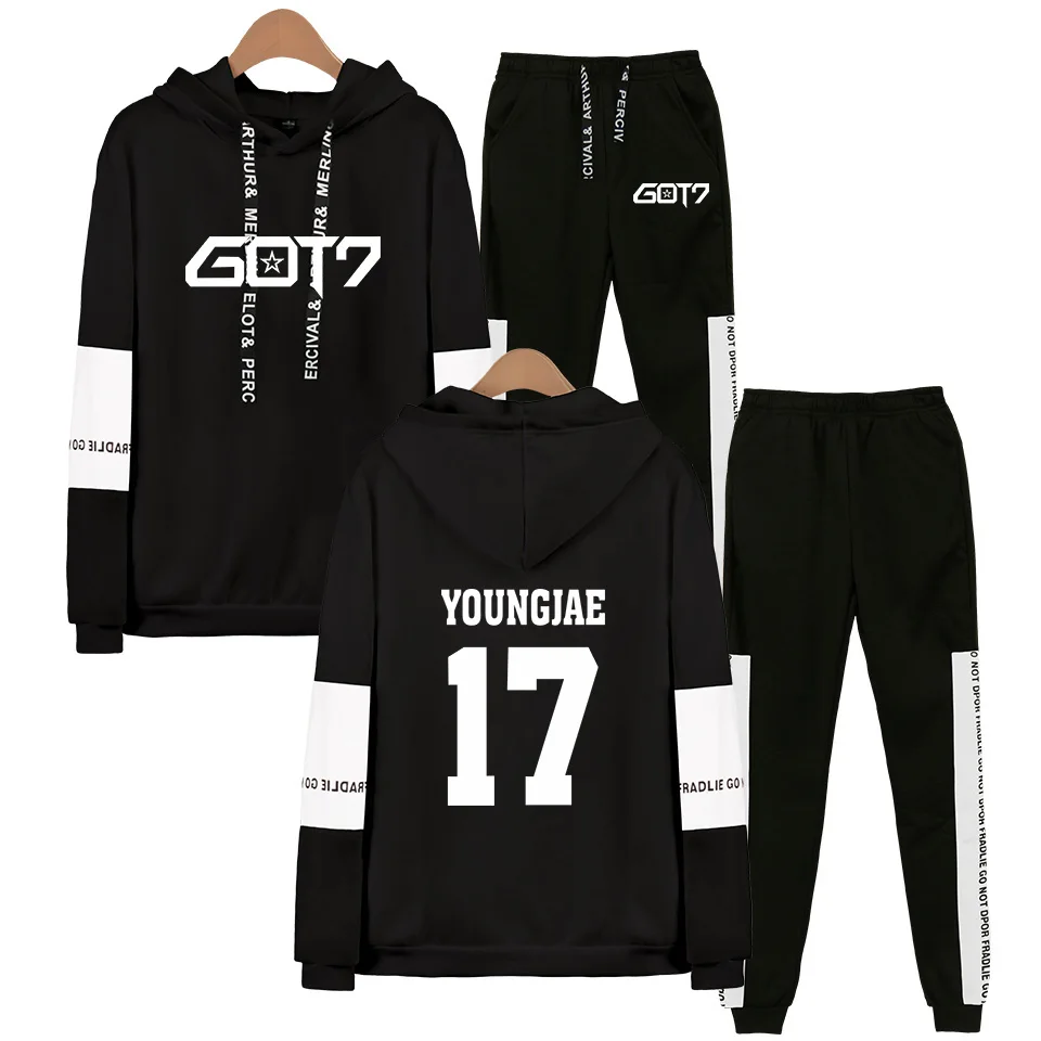 Kpop GOT7 флисовые худи Толстовка спортивные костюмы для мужчин и женщин Got7 Yugyeom значок Джексон Jb Jinyoung с именами членов группы комплект из двух предметов - Цвет: Black 17 YOUNGJAE