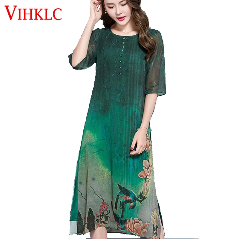 Brand Summer women silk dress 2017 new printing O-type short-sleeved silk dress high-end fashion women's clothing dress  FC200