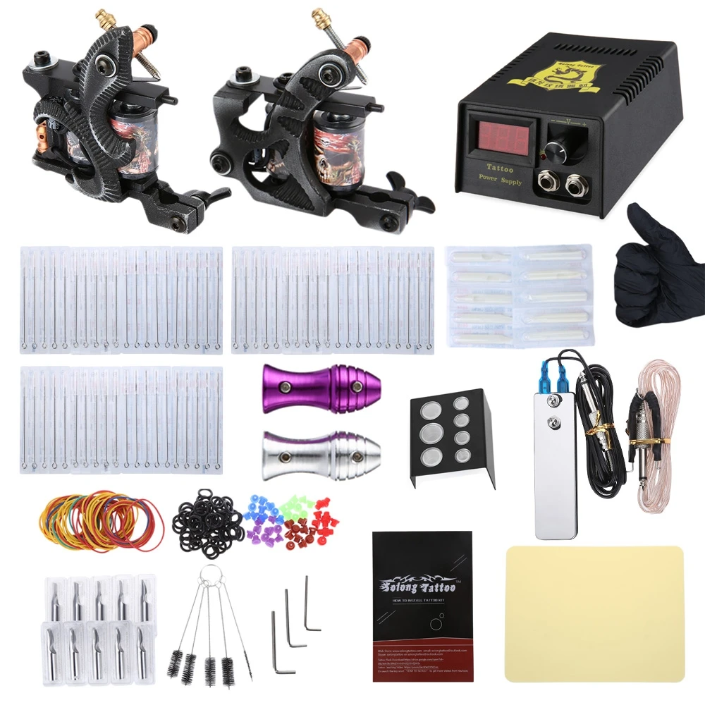 

Hot Selling Solong Tattoo Tattoo Inks 2 Machine Gun Shader Liner Complete Kit 10 Wrap Coils Power Supply 20 Needles Grip Tip