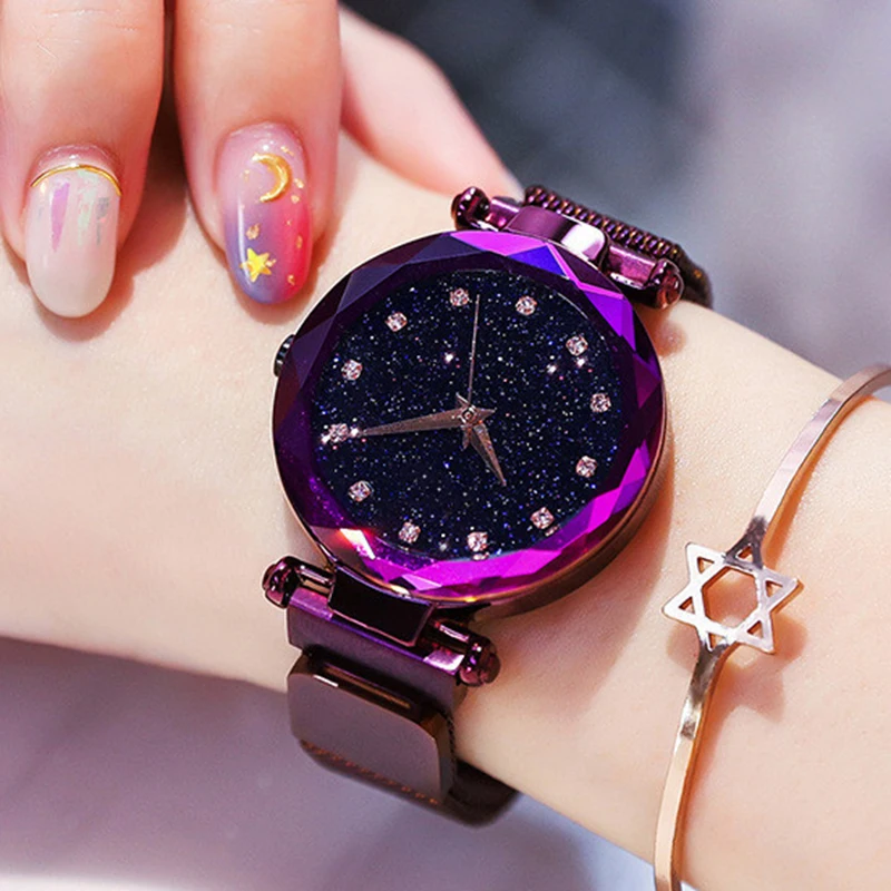 Роскошные Алмаз розовое золото для женщин часы Звездное небо магнитная сетка дамы кварцевые наручные часы для relogio feminino montre femme 2018