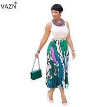 VAZN Горячий сексуальный дизайн женский Принт 3 цвета Империя свободные длинные юбки леди выдалбливают плиссированные свободные длинные юбки SN3524