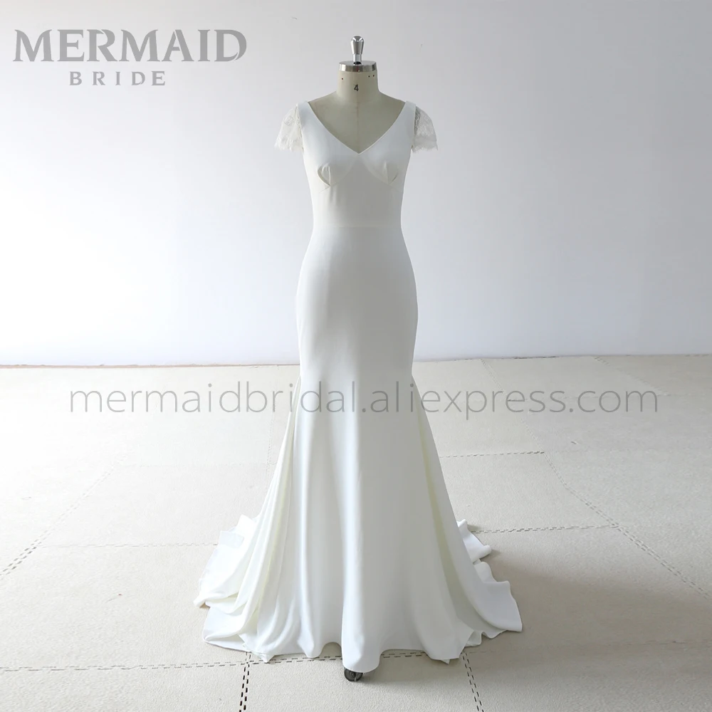 

Backless cap sleeve sweep train lace wedding dress