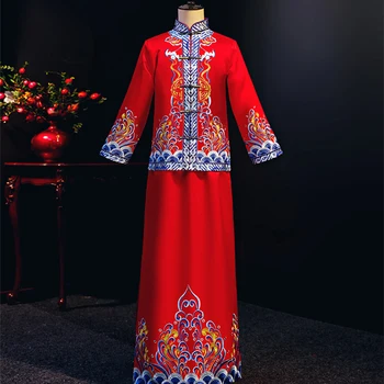 

Print Flower Men Costume Cheongsam Classic Chinese Style Vintage Luxury Tang Clothing Mandarin Collar Full Length Long Robe Gown