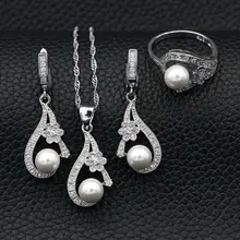 925 пробы серебряные свадебные Ювелирные изделия из жемчуга набор для Для женщин Свадебные украшения белый Кристаллические серьги/Кольцо/кулон/Цепочки и ожерелья комплект