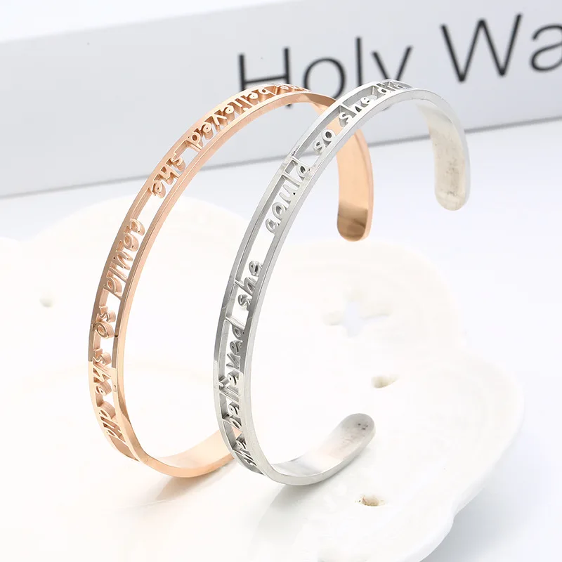 

Trendy SHE BELIEVED SHE COULD SO SHE DID Mantra Stainless Steel Open Cuff Bracelets Bangles Femme Inspirational Jewelry