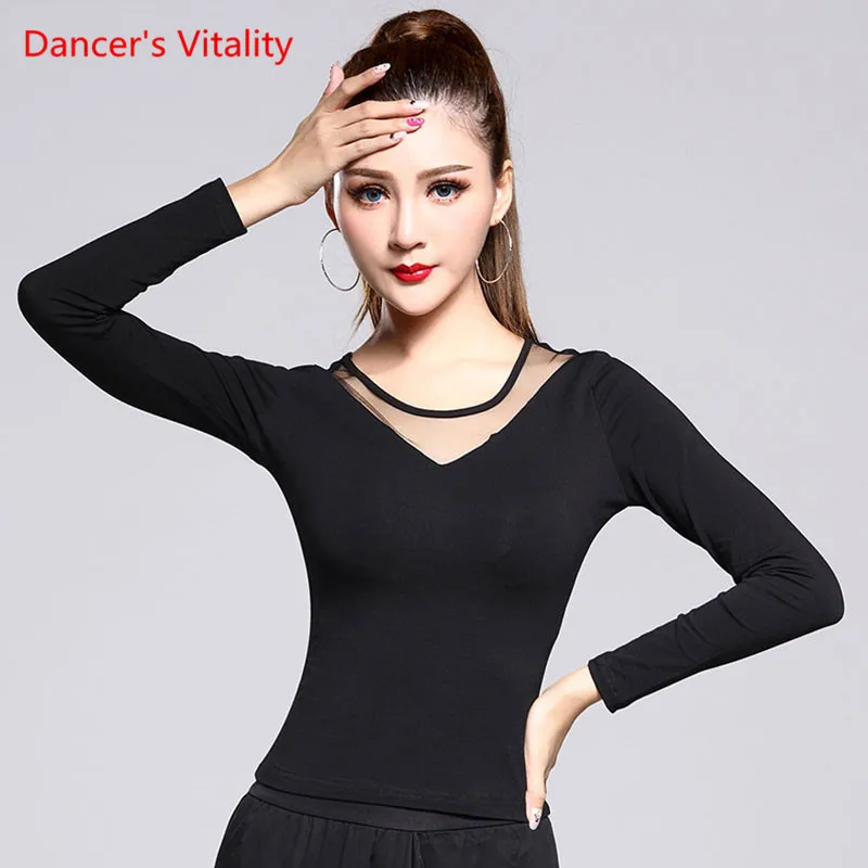 performance Solid Black Latin Dance Top For Women Long sleeve V collars