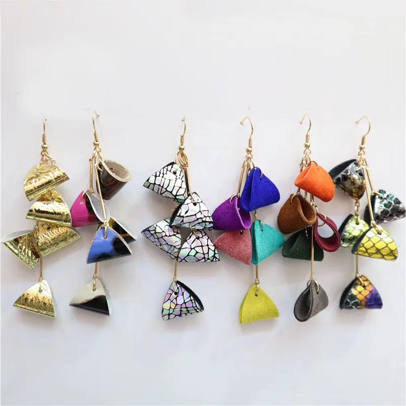 

ZWPON 2018 Long Fold Leaf Genuine Leather Chandelier Earrings for Women