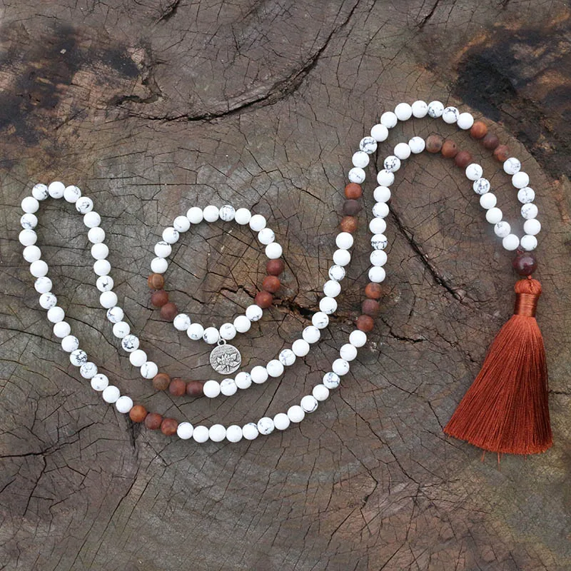 8mm Howlite, Antique Onyx, JapaMala Necklace, Namaste Yoga Jewelry, Chakra Stones Mala,Buddhist Mala Prayer Bead, 108 Mala Beads