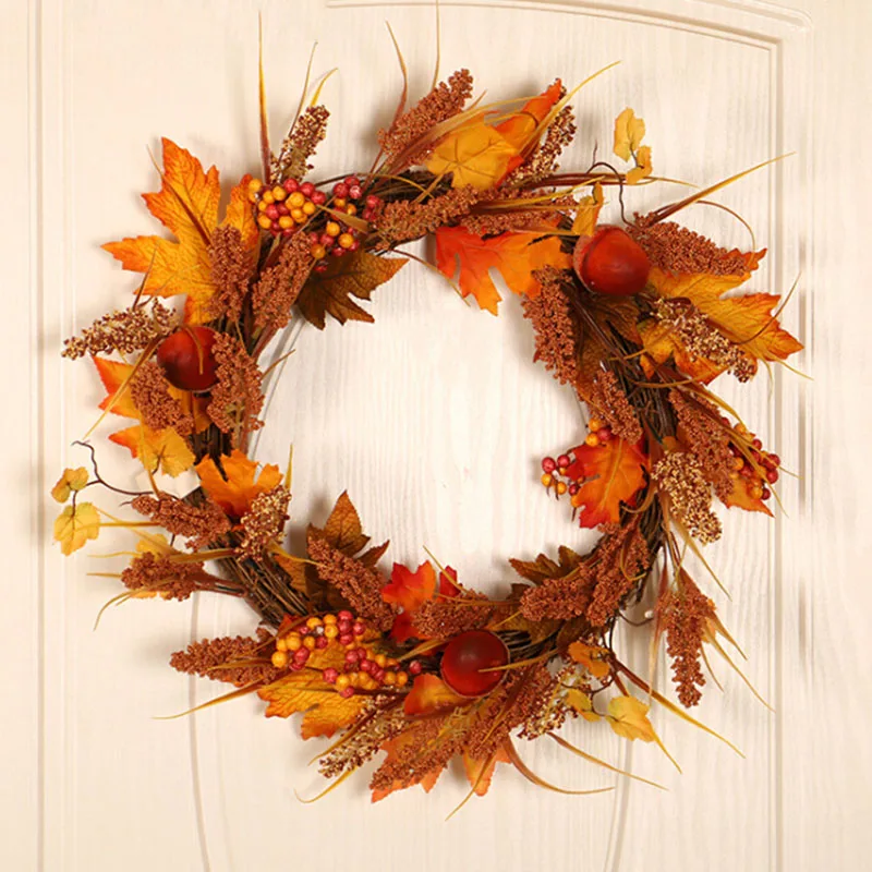 

New Maple Leaf Autumn Artificial Grain Wreath Silk Flower Door Wreath for Front Door Wedding Wall Home Decor Wheat Acorns Wreath