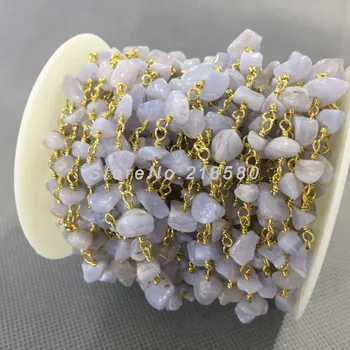 

6-10mm Gold Electroplated Wire Wrapped Nugget Chip Lace Agates Rosary Style Chain RC4994