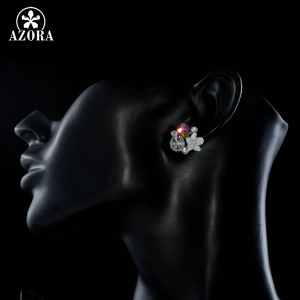 AZORA New Small White Shell Flower With Multicolour Stellux Austrian Polyhedron Crystal Stud Earring for Women TE0270