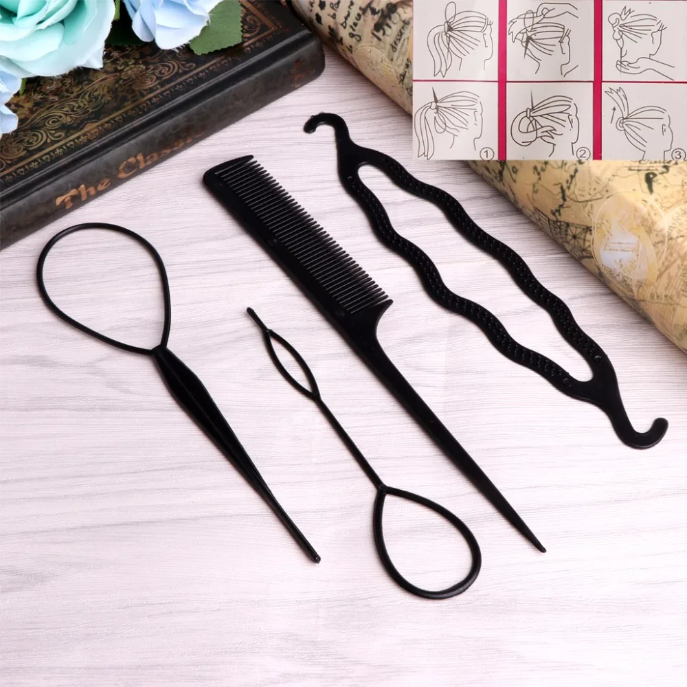 4 Pcs/Set Hair Styling Clip Bun Donut Twist Braid Ponytail Maker DIY Comb Tools Headbands For Girls New 2018
