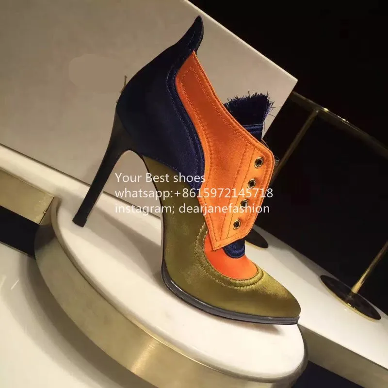 

2016 fall new military-inspired fringed paneled satin ankle boots mixed color pointy toe high heel bootie ladies contrast  boots
