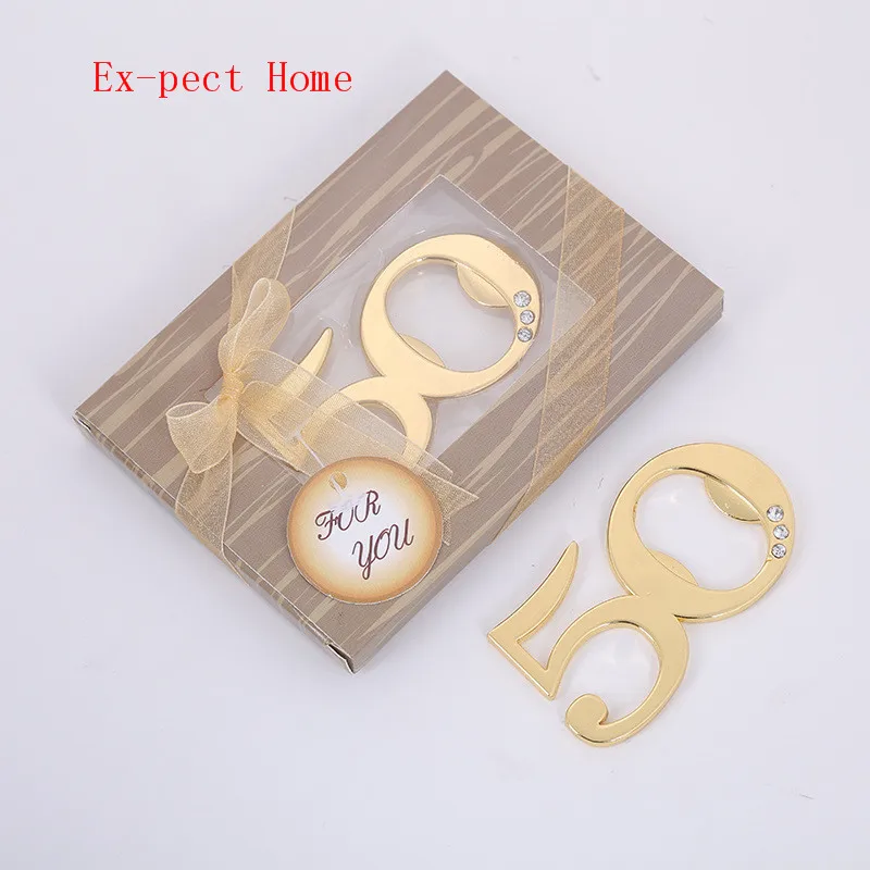 

200pcs/lot 50 Anniversary Gold Beer Bottle Opener Metal Openers For Wedding Souvenirs for guests Birthday Party Gifts Favors