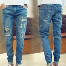 New 2017 Fashion leisure Ripped Hole Distressed jeans boys leg straight Patch youth men's trousers Harem Ankle Length Pants straight leg light wash distressed jeans