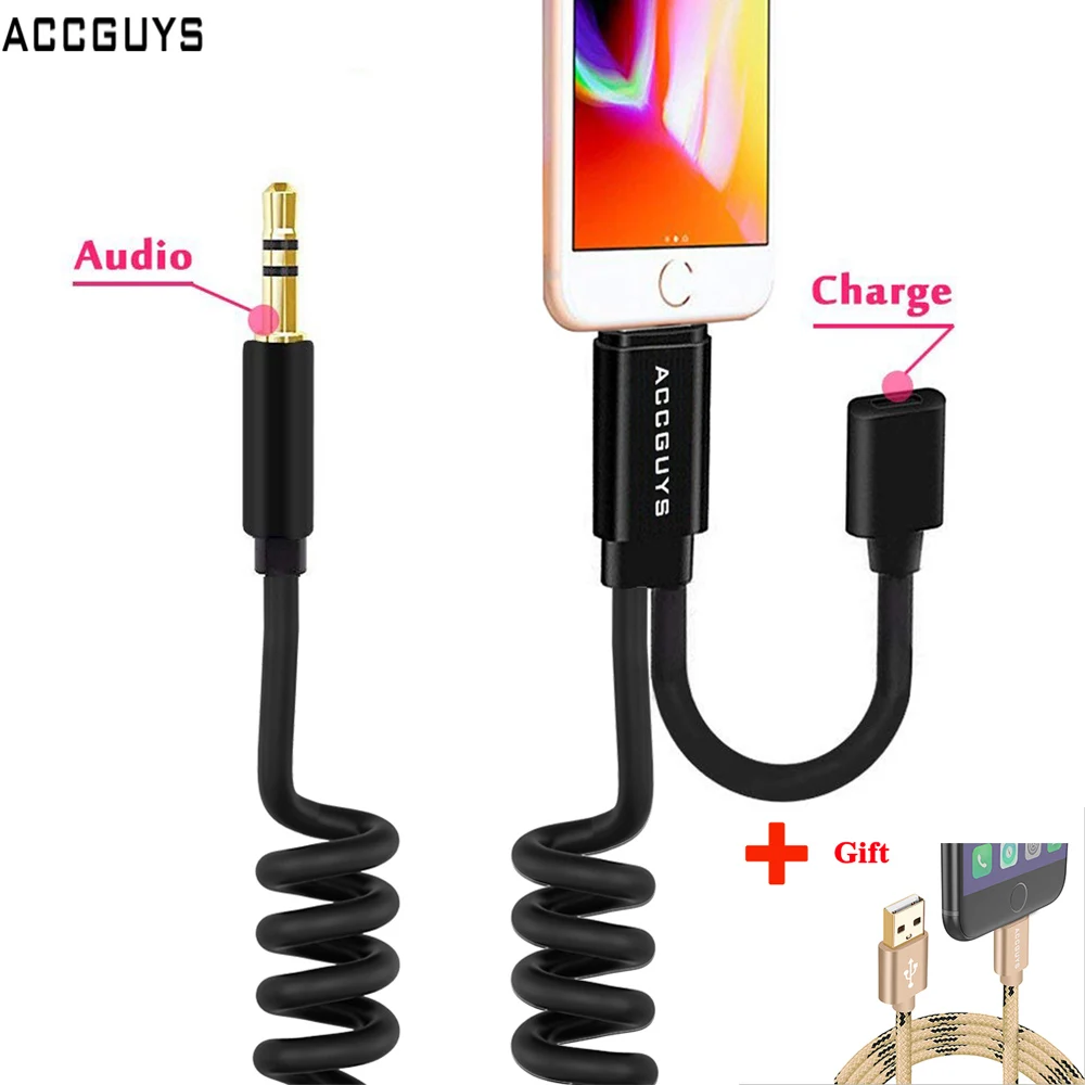 

ACCGUYS Spring Aux Adapter Cord for iPhone X 8 Plus 2 in 1 Lighting to 3.5mm Car Audio Extension Converter Cable Support IOS 11