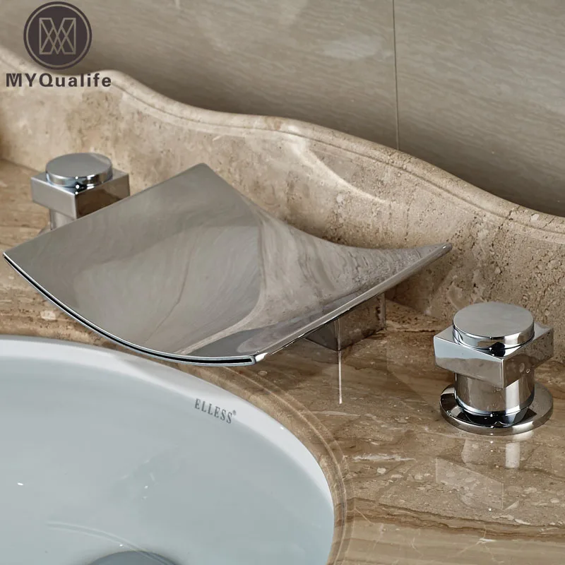 Chrome Deck mount 3 Holes Waterfall Spout Basin Faucet Dual Handle Bathroom Tub Sink Mixer Taps Chrome Deck mount 3 Holes Waterfall Spout Basin Faucet Dual Handle Bathroom Tub Sink Mixer Taps